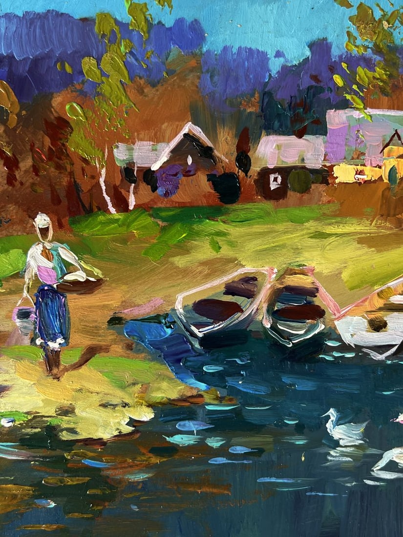 Oil painting Geese are swimming near the river Yuriy Suprunchuk - 6