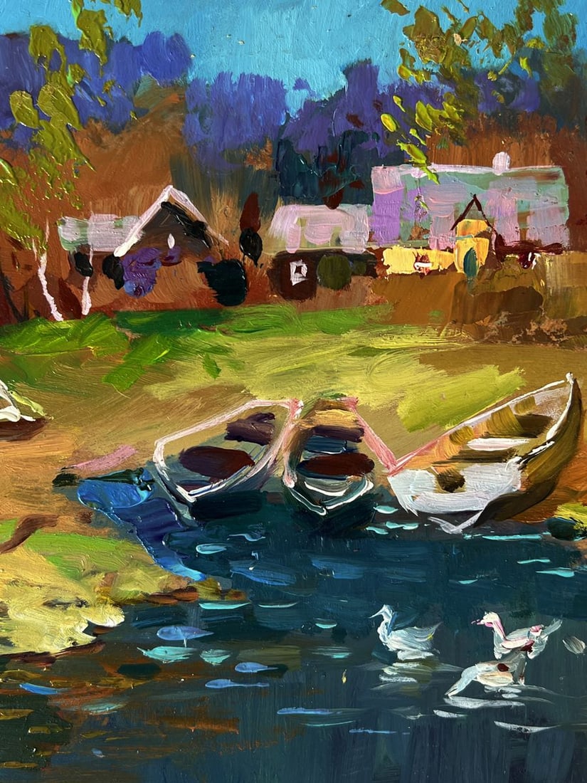 Oil painting Geese are swimming near the river Yuriy Suprunchuk - 8