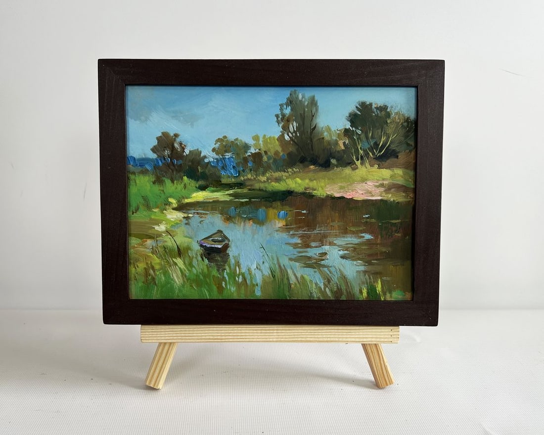 Oil painting Summer in green banks Yuriy Suprunchuk: Title: Oil painting Summer in green banks Yuriy Suprunchuk Description: NoAAA4347 The painting "Summer in Green Banks" captures the tranquil beauty of a serene river landscape on a warm, sunlit day.