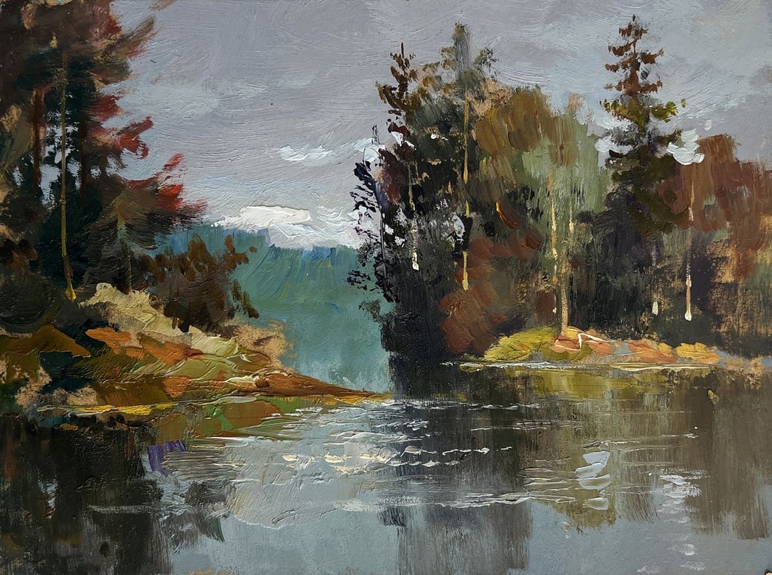Oil painting A river washes through the autumn forest Yuriy Suprunchuk - 3