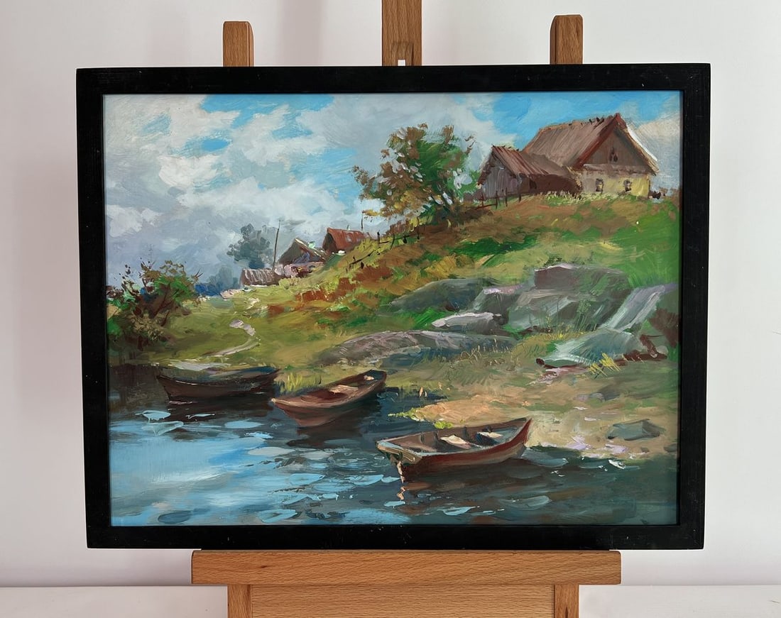 Oil painting The river carries village dreams Yuriy Suprunchuk: Title: Oil painting The river carries village dreams Yuriy Suprunchuk Description: NoAAA4447 The painting "The River Carries Village Dreams" captures a tranquil countryside scene where nature and