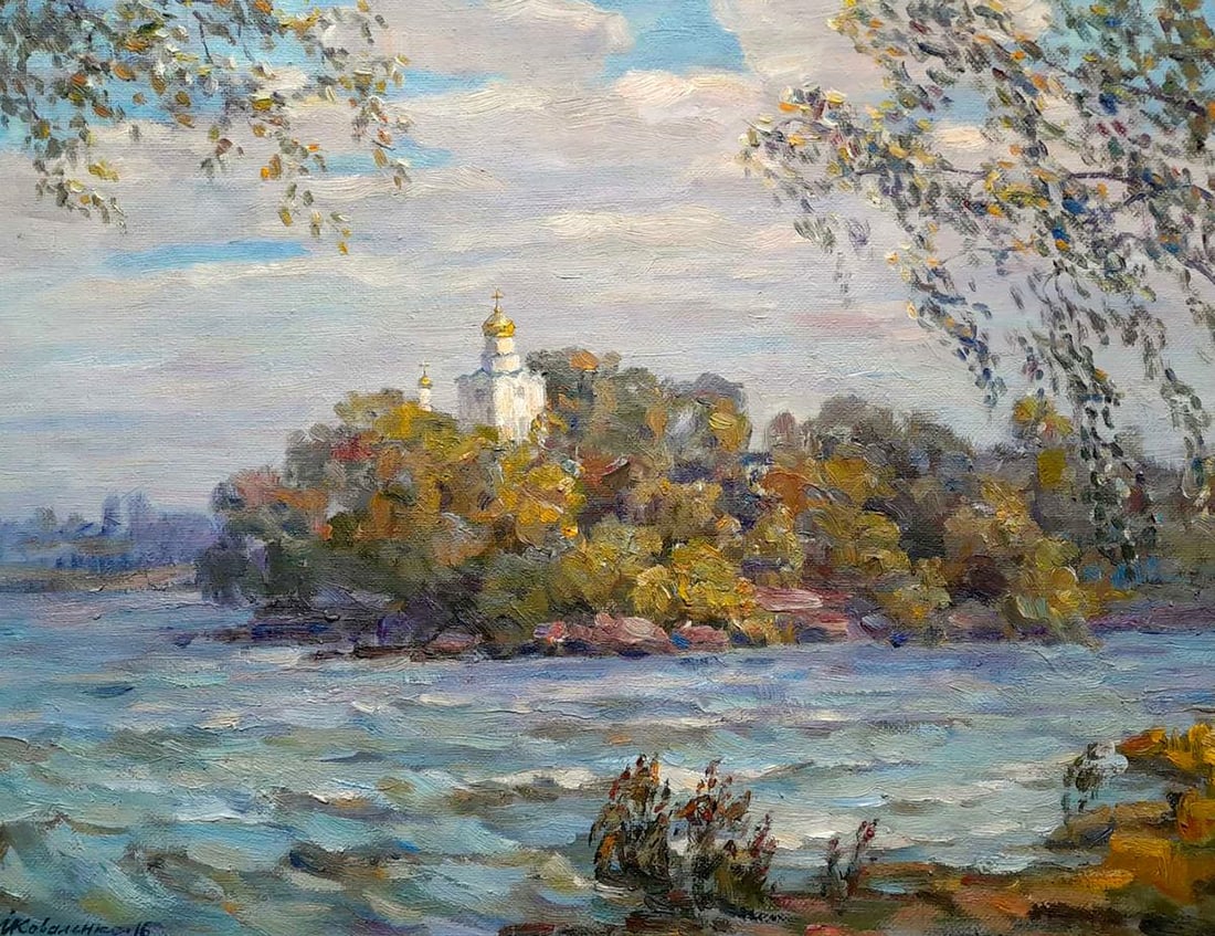 Oil painting Before the rain Ivan Kovalenko: Title: Oil painting Before the rain Ivan Kovalenko Description: NoKoval 208 The painting "Before the Rain" by Ukrainian artist Kovalenko Ivan captures a peaceful riverside scene, with a golden-domed c