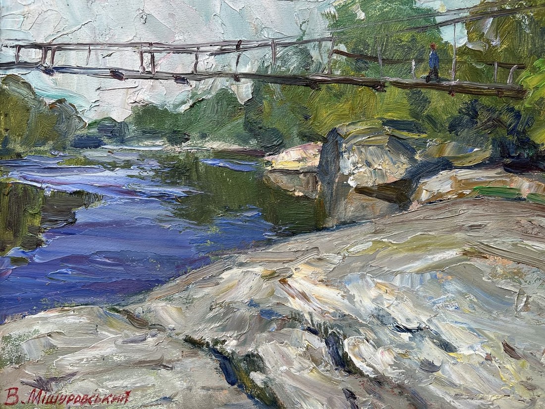 Oil painting Bridge over the river V. Mishurovsky: Title: Oil painting Bridge over the river V. Mishurovsky Description: No291 "Bridge over the River" by Viktor Myshurovsky is a serene landscape that captures the quiet beauty of a river and the