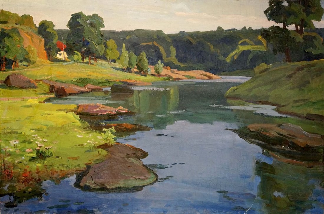 Oil painting River landscape: Title: Oil painting River landscape Description: NoVerns 919 *** ABOUT THIS PAINTING *** * TITLE: "River landscape" * ARTISTS: Unknown artist * SIZE: 80x120 cm/'31.49x47.24 inches' * MEDIUM: oil, canv