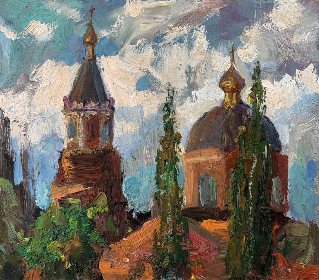 Oil painting City Cathedral Leonid Maistrenko: Title: Oil painting City Cathedral Leonid Maistrenko Description: NoAAA3560 The painting "City Cathedral" is a vivid and expressive depiction of an urban sacred landmark, created with oil on