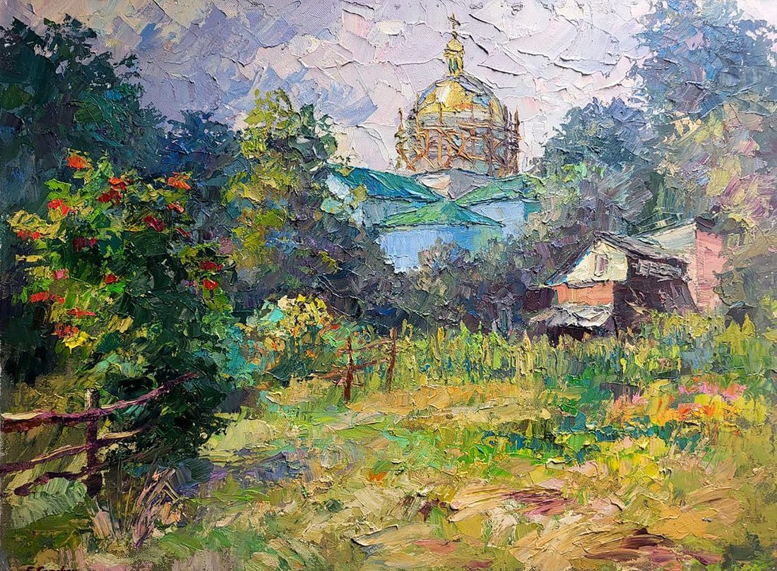 Oil painting Renovation of the temple Serdyuk Boris Petrovich: Title: Oil painting Renovation of the temple Serdyuk Boris Petrovich Description: NoSERB 895 "Renovation of the Temple" is a captivating oil painting that beautifully captures the essence of a summer