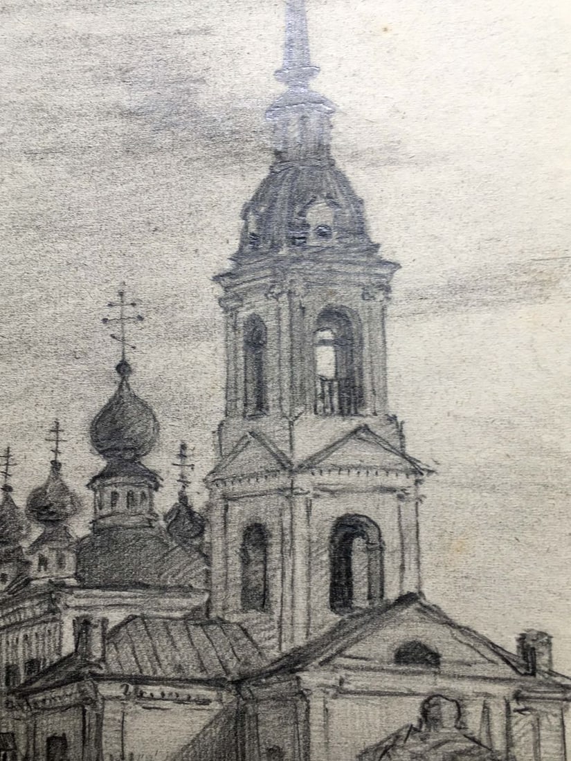Pencil painting Landscape with a church Dmitry Lednev - 5
