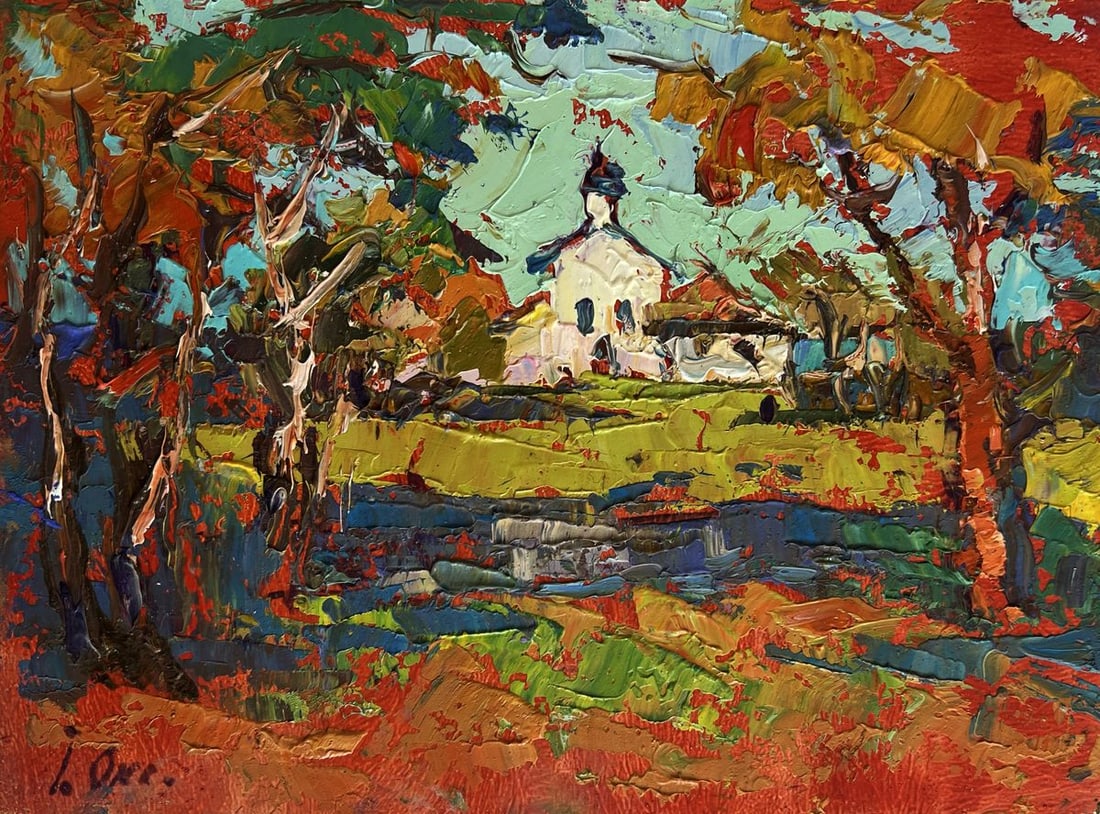 Oil painting Autumn bell ringing of the church tower Oksana Kalenyuk - 3
