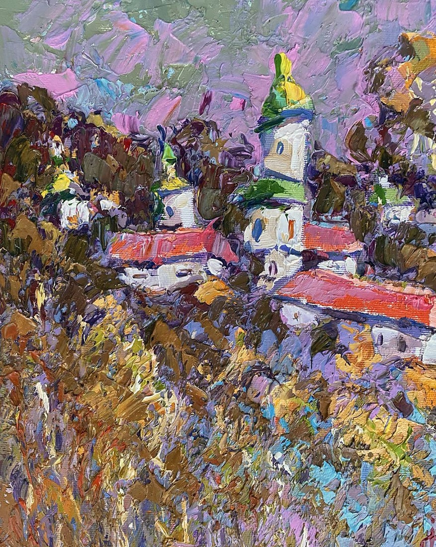 Oil painting Evening call Alex Kalenyuk: Title: Oil painting Evening call Alex Kalenyuk Description: NoKalen 1349 "Evening Call" is an evocative oil painting that captures the serene beauty and tranquil atmosphere of a village at dusk. The a