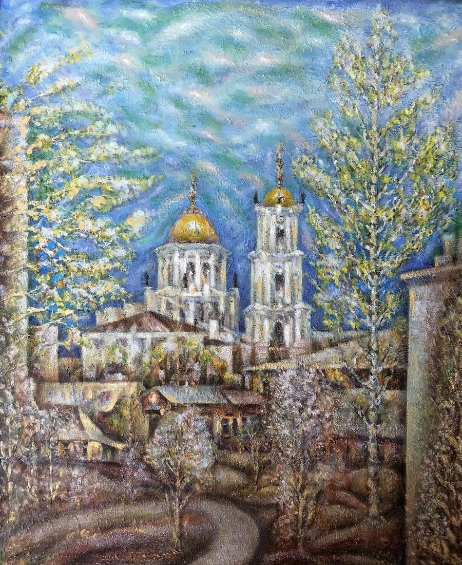 Oil painting A glorious city above the Pslo Shapoval Ivan Leontyevich: Title: Oil painting A glorious city above the Pslo Shapoval Ivan Leontyevich Description: NoAAA3048 "Glorious City over the Pslo" is an enchanting oil painting that captures the breathtaking beauty of