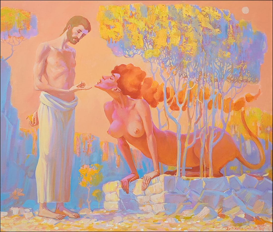 Acrylic painting Sphinx puzzle Nicolay Vydcovsky: Title: Acrylic painting Sphinx puzzle Nicolay Vydcovsky Description: NoBytk 11 *** ABOUT THIS PAINTING *** * TITLE: "Sphinx puzzle" * ARTISTS: Nicolay Vydcovsky * SIZE: 60x70 cm/'23.62x27.55 inches'