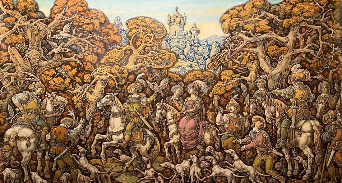 Oil painting Hunting Litvinov Oleg Arkad'yevich: Title: Oil painting Hunting Litvinov Oleg Arkad'yevich Description: NoLitv 557 *** ABOUT THIS PAINTING *** * TITLE: "Hunting" * ARTISTS: Litvinov Oleg Arkad'yevich * SIZE: 153x85 cm/'60.23x33.46 inche