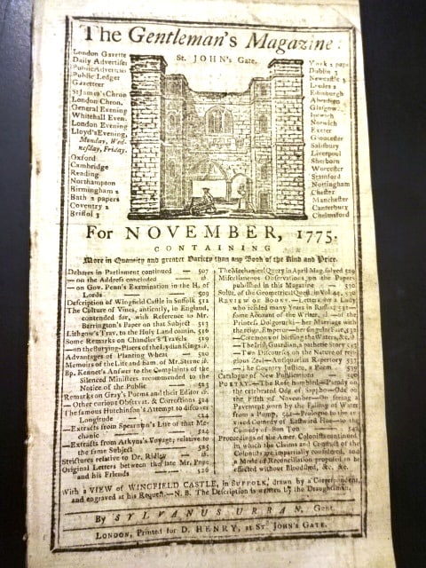 1775 Gentleman's Magazine Revolutionary War New York: The November 1775 issue of The Gentlemen's Magazine published by Sylvanus Urban and printed here by D. Henry at London. 48 pages and one engraving as called for. Eight pages of Revolutionary War