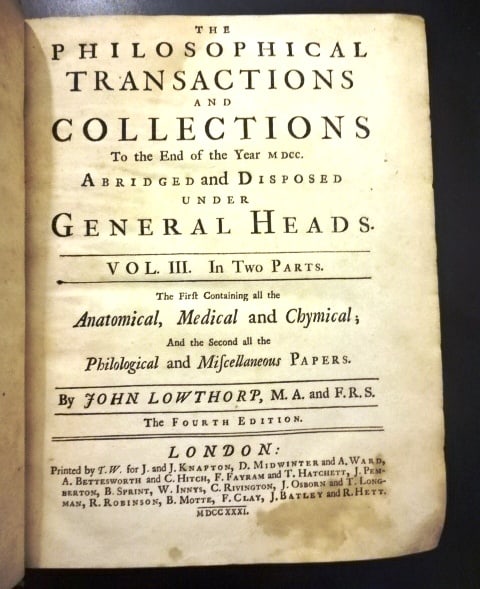 1731 Leather Philosophical Transactions Anatomy Antiquity: The Philosophical Transactions and Collections to the end of the year MDCC, Volume III in Two Parts the first containing all the anatomical medical and chymical and the second all the philological and