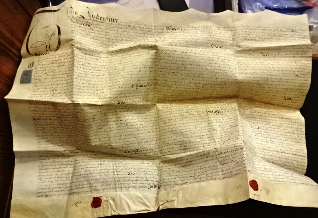 1696 Large English Vellum Deed Nice Seals: Large nicely penned English vellum indenture dated 1696 during the reign of William the Third being the conveyance of property in Chelton in the county of Somerset between a Merchant and a Gentleman