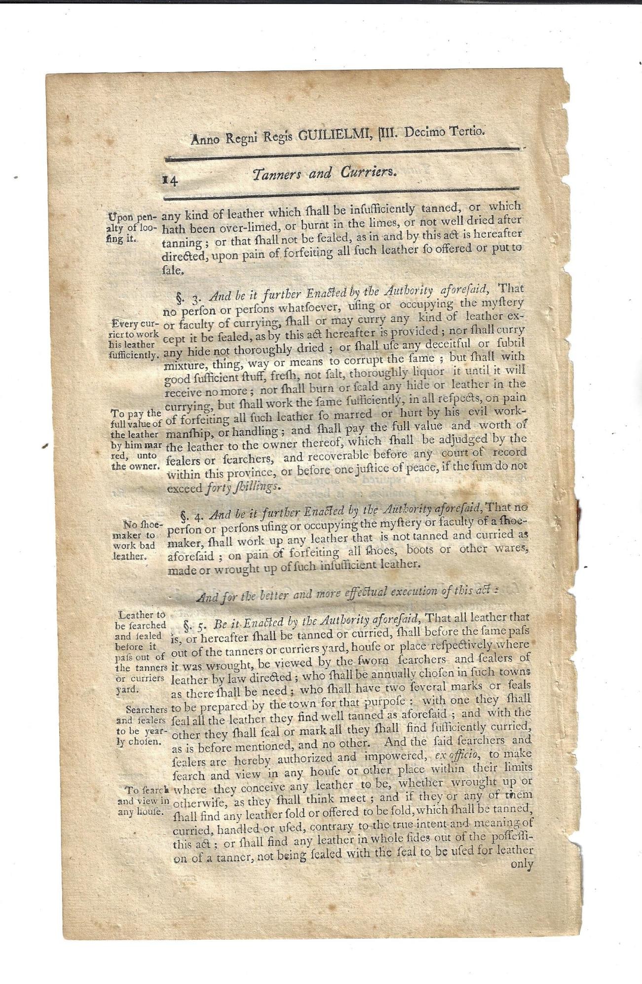 1771 Leaf Colonial New Hampshire Act: A leaf from a Colonial printing of the Acts of New Hampshire by Fowle and Fowle at Portsmouth New Hampshire in 1771. Portion of Act on Tanners ad Curriers. Fine, measures 7 x 11.5". Reserve: $20.00