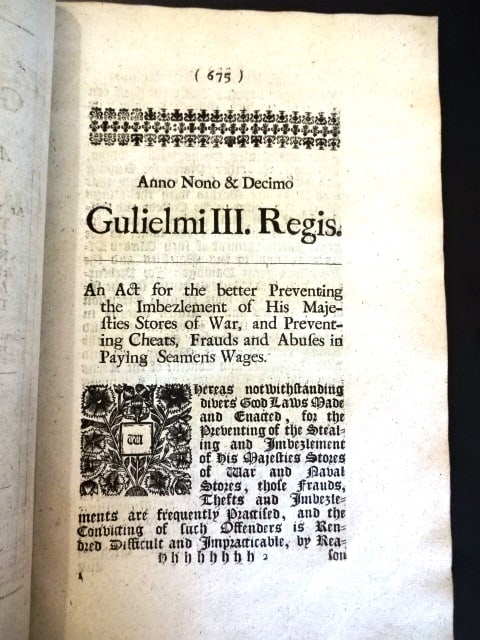 1698 English Act Embezzlement Stores of War (1 of 2)