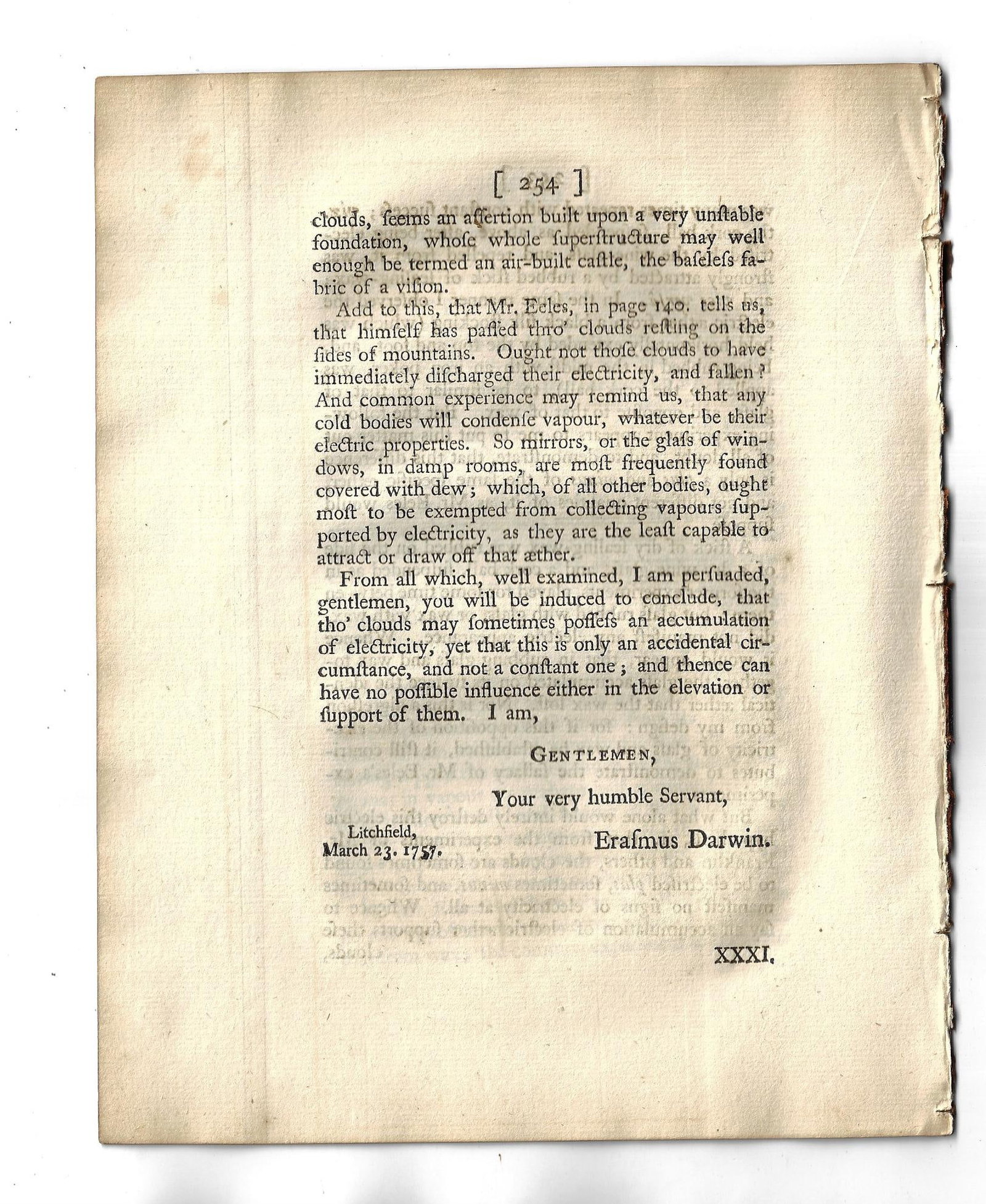 1757 Letters of Erasmus Darwin on Vapors: An extract from Philosophical Transactions for the year 1757 containing two letters of Erasmus Darwin on the subject of Vapors to the President and Members of the Royal Society. Fifteen pagfes,