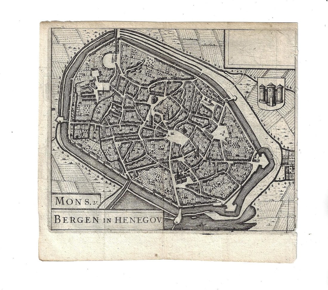1635 Blaeu Engraved City View Bergen Henegov: An engraved city plan of "Bergen in Henegov", by Willem J. Blaeu (1571-1638), Dutch engraver. Fine, measures 5.5 x 5". Reserve: $30.00 Shipping: Domestic: Flat-rate of $15.00 to anywhere within the