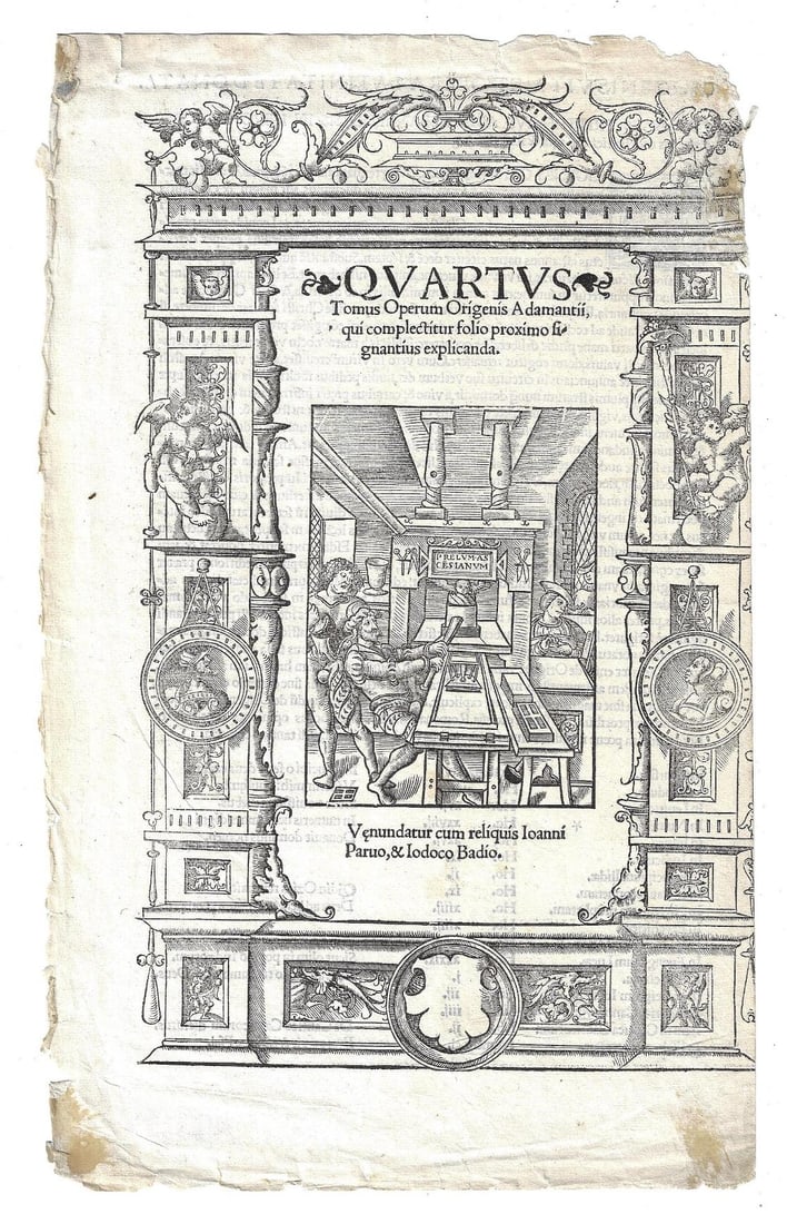 16th C Title Leaf of a Printers Shop and Press: An interesting 16th century title leaf with large cut of a printer's shop and press. From "Operum Origenis", in Latin, tet on verso. Tattered margins, measures 8 x 13". Reserve: $30.00 Shipping: Domes