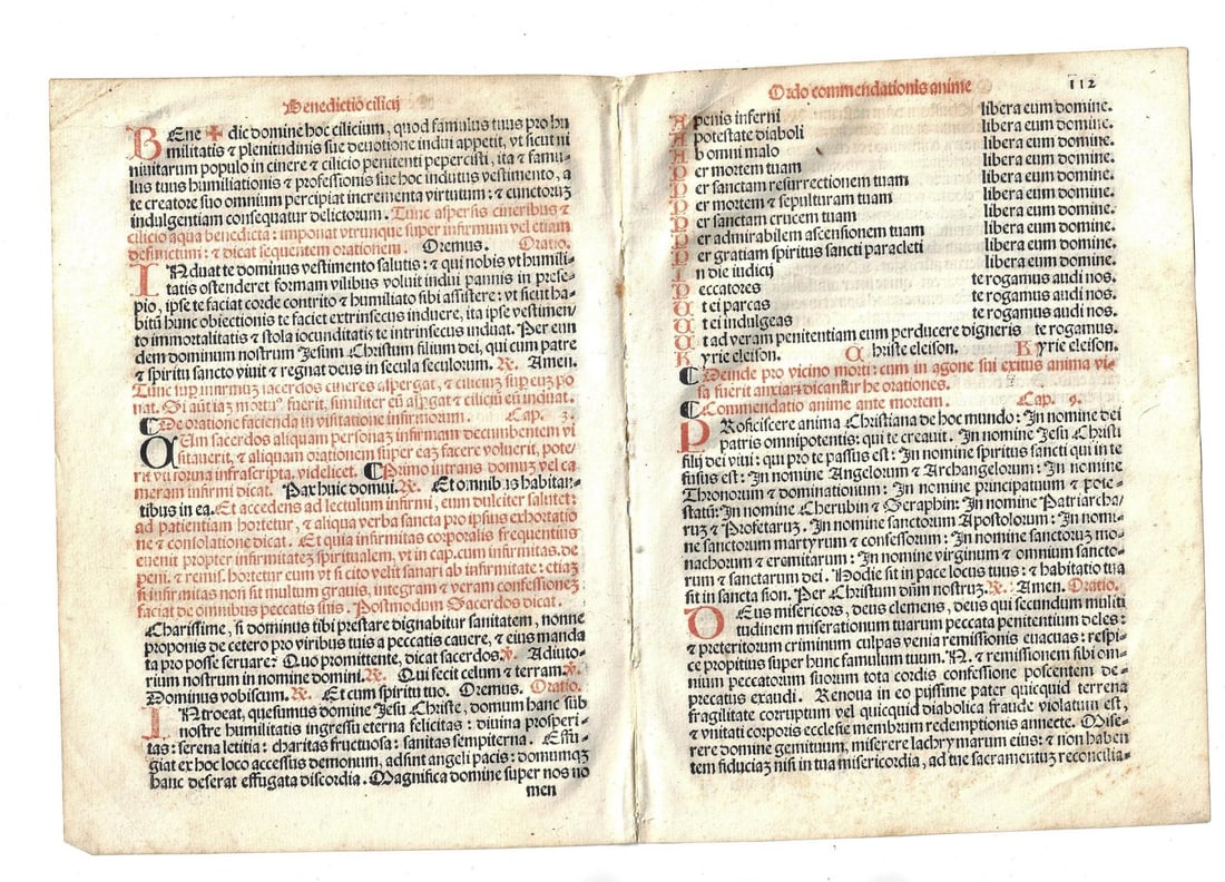 1567 Catholic Prayer Leaves in Red and Black: Two joined leaves from "Sacerdotale ad Consuetudinem Sacro Sancte..", printred at Venice by Petri Lichtenstein, 1567. In red and black, Fine, accompanied by color copy of the title leaf, measures 8.5 