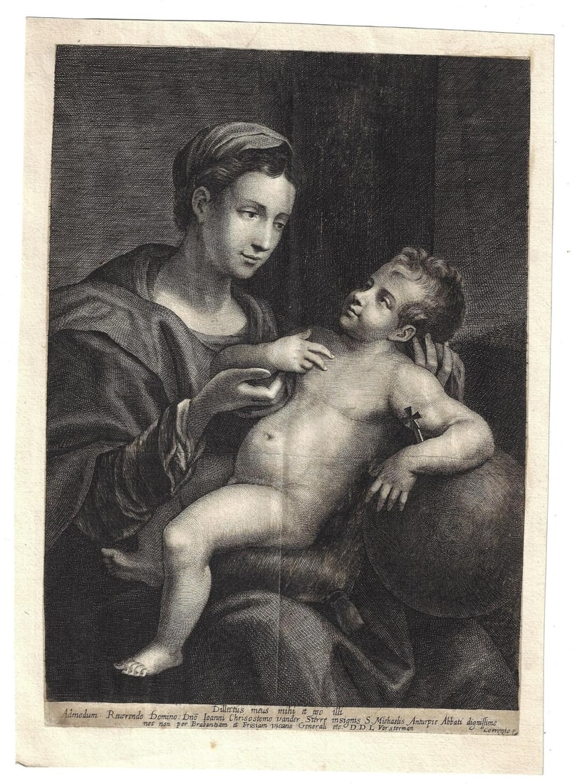 1628 Engraving Virgin and Child Vorsterman: A beautiful engraving after Antonio Allegri Correggio (1514-1534) by Lucas Vorsterman (1596-1675) printed at Antwerp in 1628. Fine with vertical crease, matted to paper. Latin incription at bottom. Me