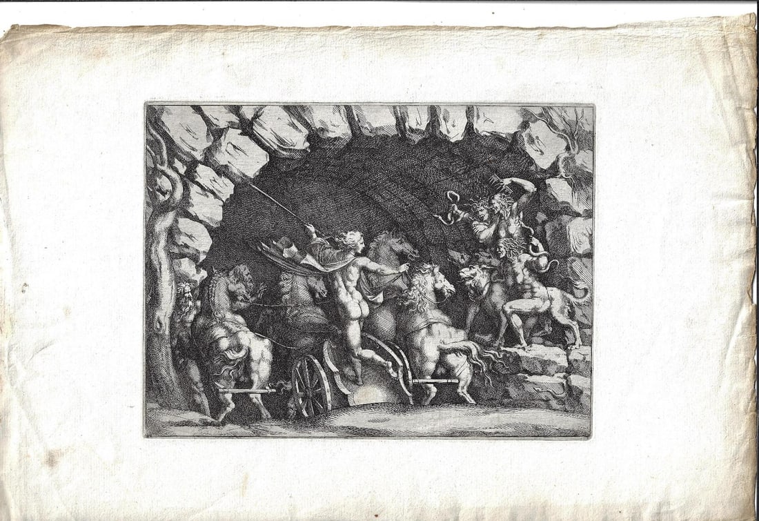 1680 Bartoli Engraving Pluto Entering Underworld: Beautiful engraving of "Pluto, seen from behind, entering the Underwold on his chariot, Cereberus and three Furies to right, from "Giove che fulmina li giganti", after the frescoes on the ceiling of t