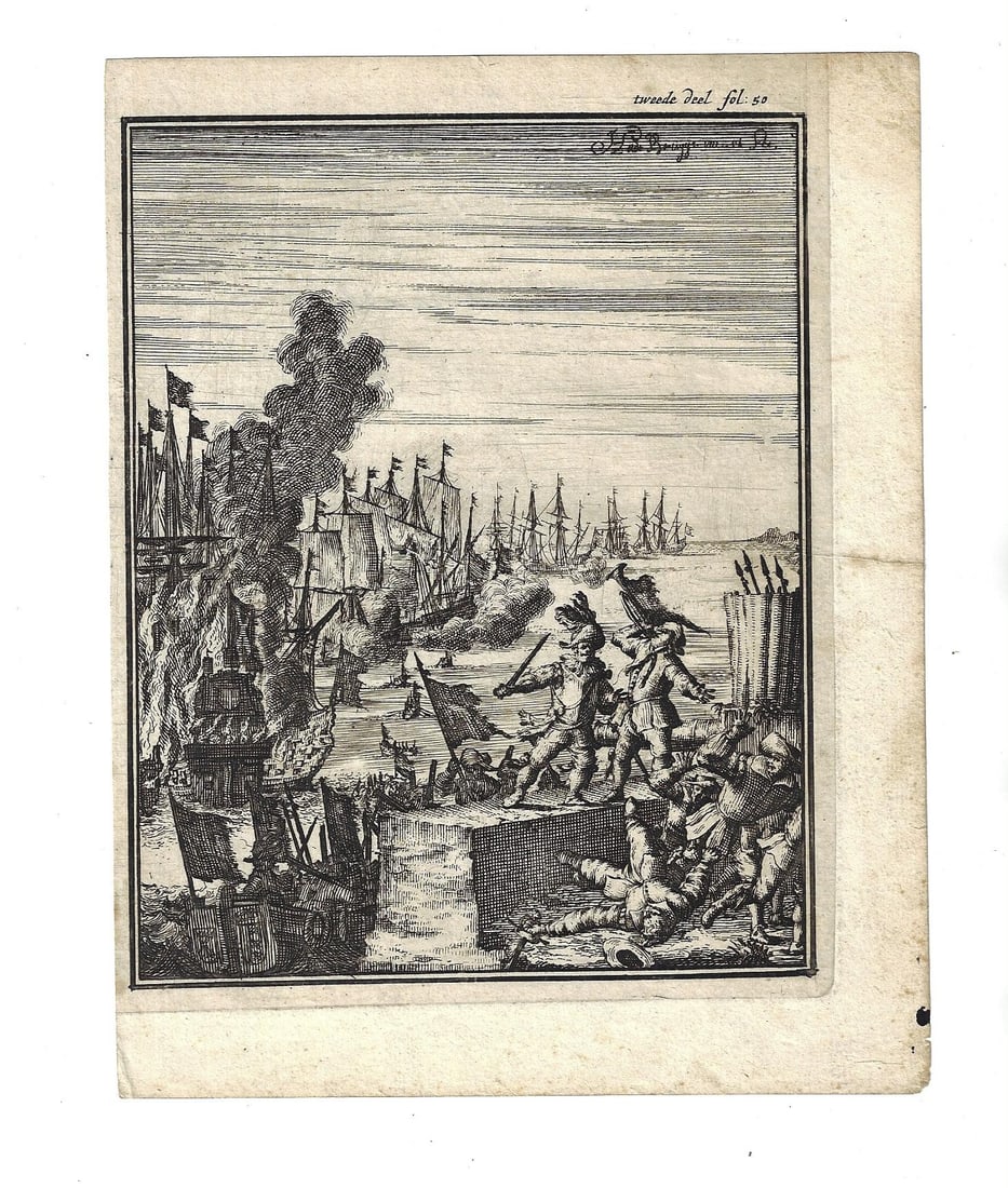 1683 Dutch Engraving Naval Battle Padtbrugge: Bold impressioned engraving of a Dutch naval battle with the Portugese. From a series printed in 1683 at Amsterdam, published by Herman Padtbrugge (signature impression upper right corner). Fine condi