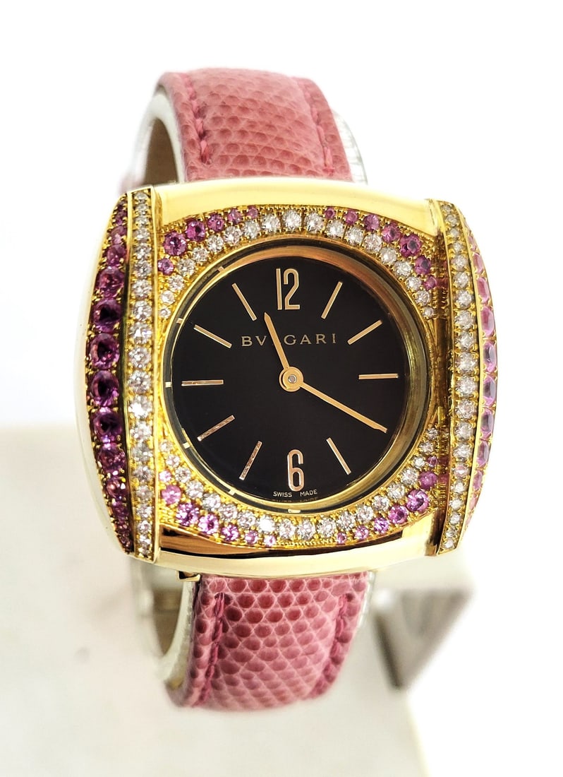 Solid 18k Customized BULGARI Ladies Quartz Watch BB26GL / Diamonds & Sapphires - 12