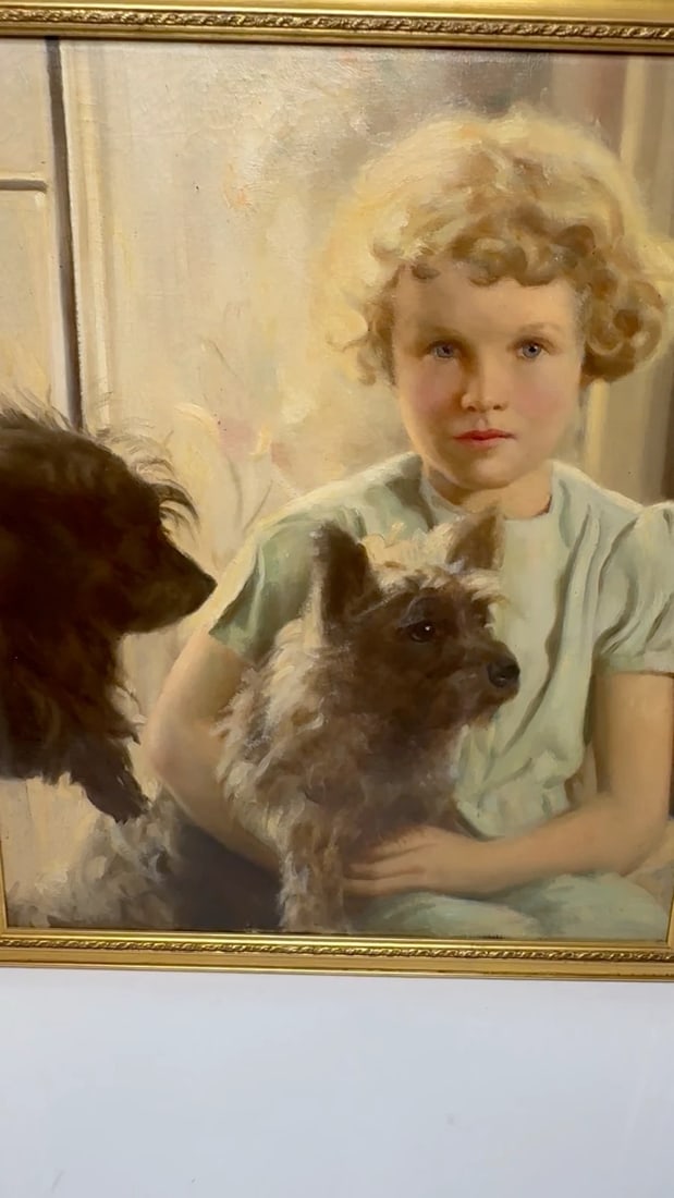 Oil Portrait Mary with Cairn Terriers In the Manner of Sir Harrington Mann - 2