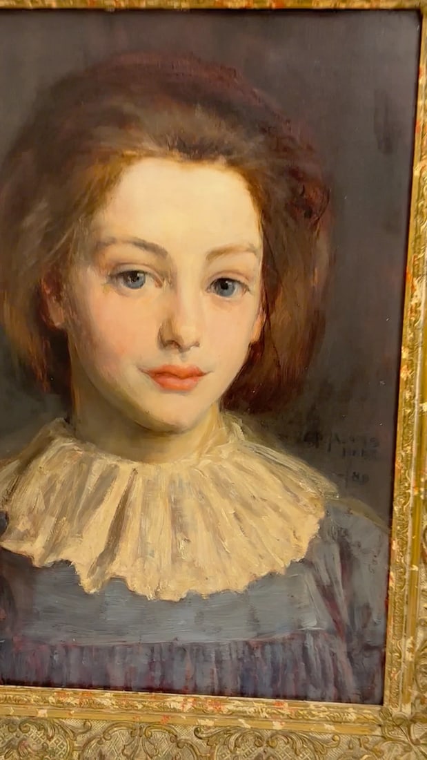 Lady Cherry Lips and Blue Dress Portrait by Signed George Percy Jacomb-Hood C1889 - 2