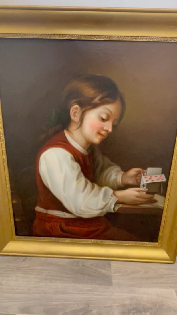 Large British Early Victorian Oil Painting Girl Playing House Of Cards - 2
