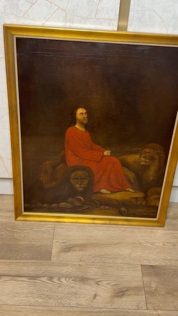 Victorian Biblical Narrative Oil Painting Daniel in the Lions Den c1881 Framed - 2
