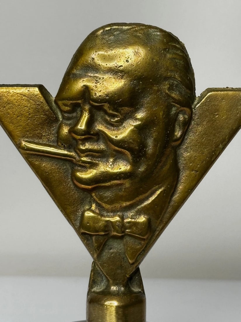 Historic WW2 Small Winston Churchill V For Victory Bronze Car Mascot Sculpture - 5