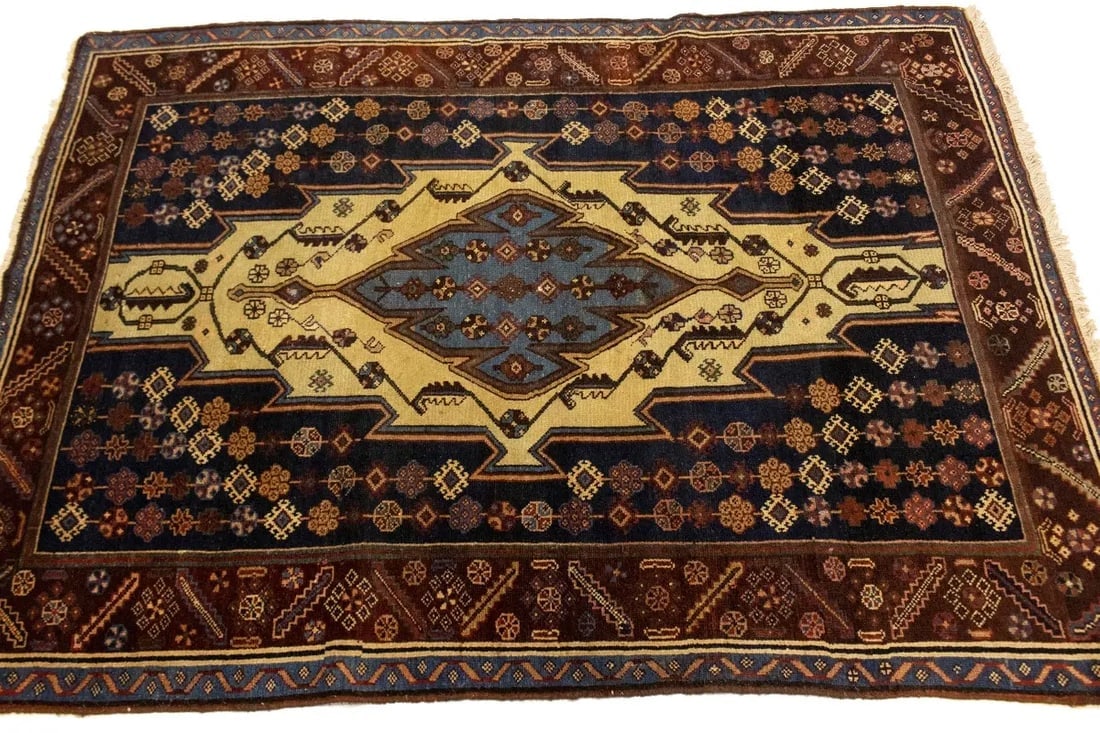 Antique Cream Tribal 4X6 Mazlaghan Persian Rug - 7