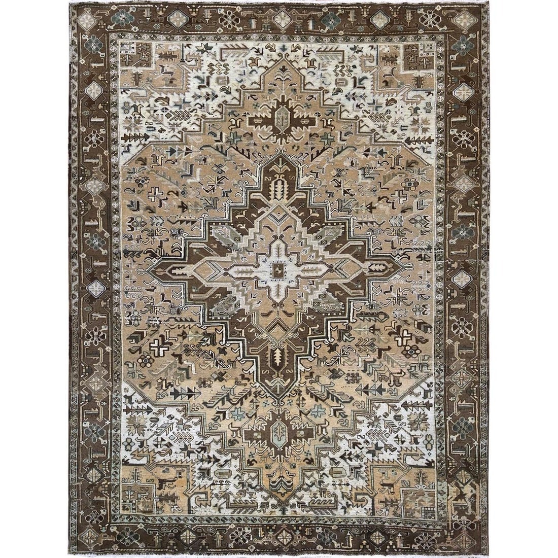 Brown Vintage Persian Heriz Hand Knotted Pure Wool Clean Oriental Rug: Title: Brown Vintage Persian Heriz Hand Knotted Pure Wool Clean Oriental Rug Description:This is a truly genuine one-of-a-kind. It has been Knotted for months and months in the centuries-old weaving c