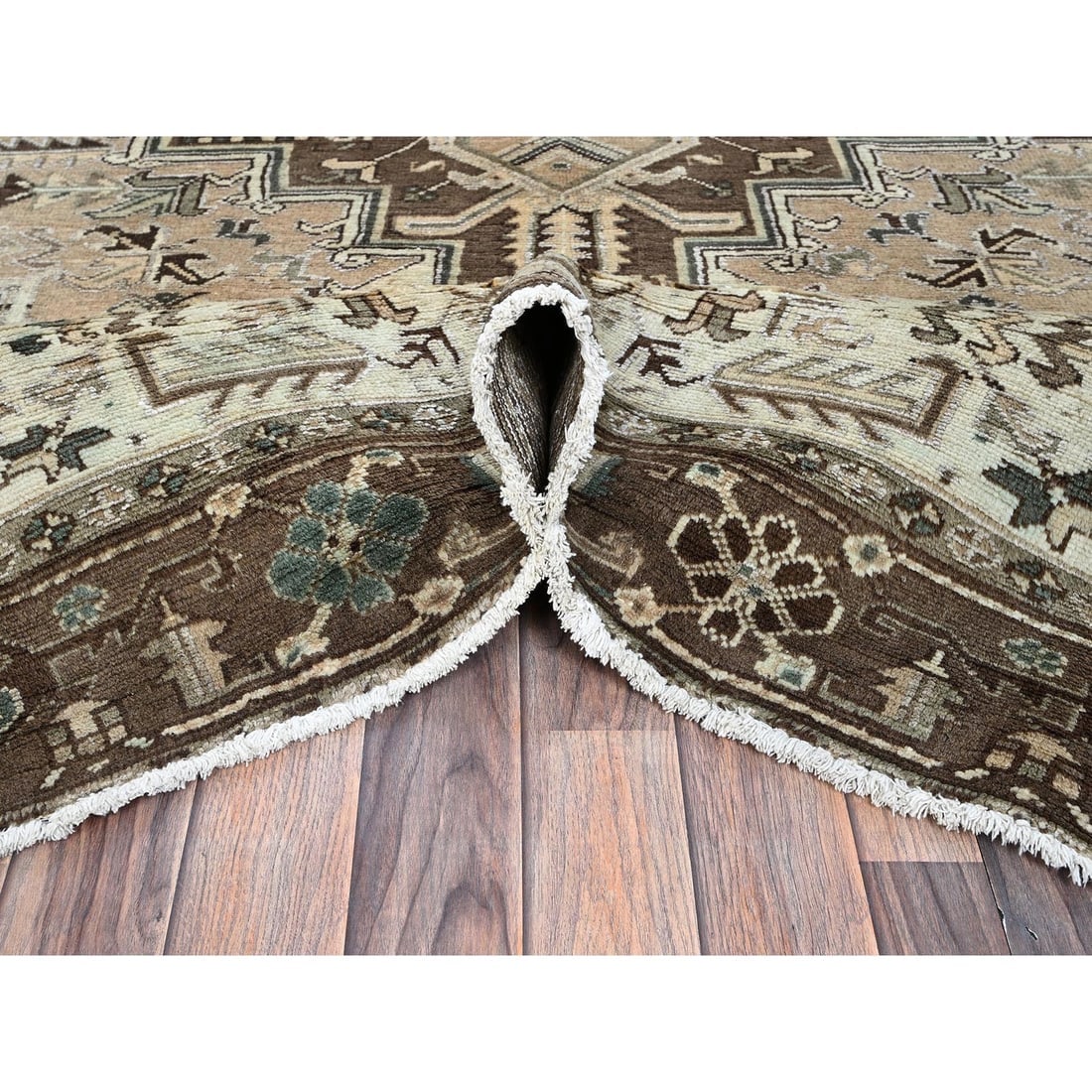 Brown Vintage Persian Heriz Hand Knotted Pure Wool Clean Oriental Rug - 5
