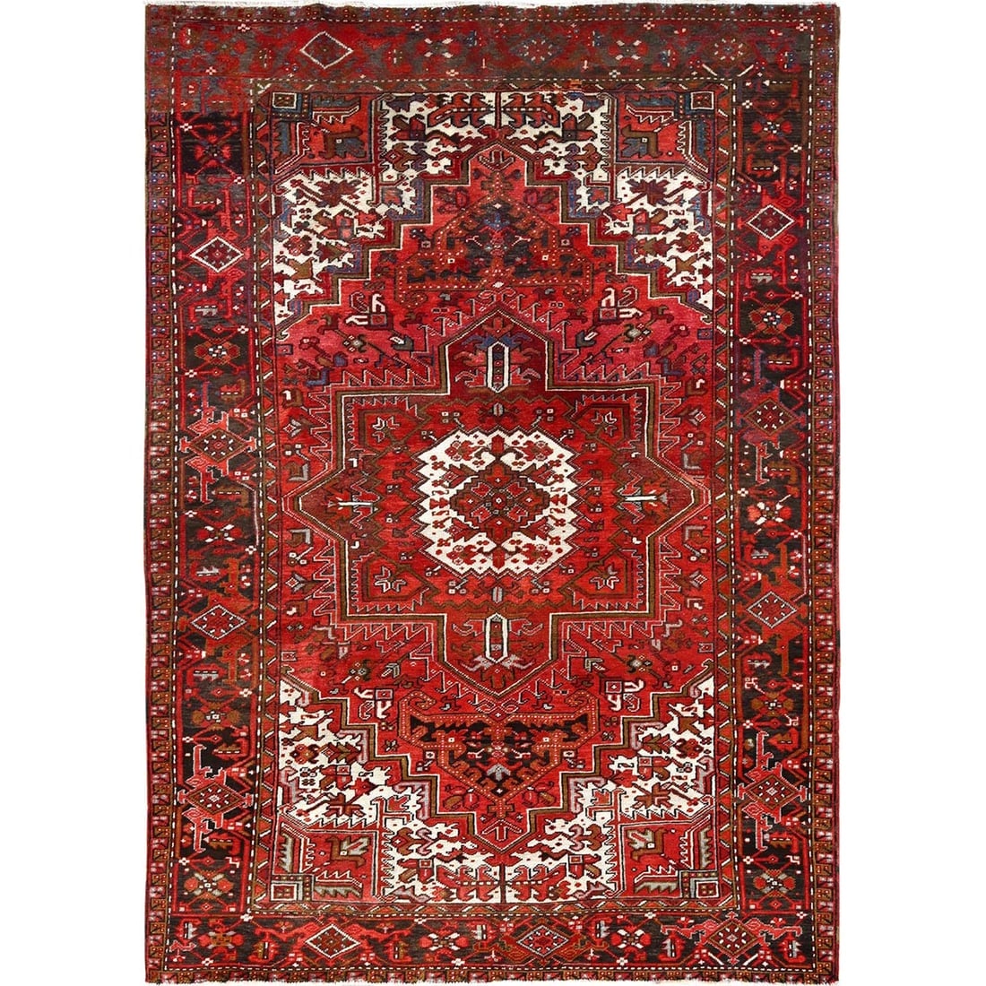 Fire Brick Red, Vintage Persian Heriz Pure Wool Hand Knotted Rug: Title: Fire Brick Red, Vintage Persian Heriz Pure Wool Hand Knotted Rug Description:This is a truly genuine one-of-a-kind. It has been Knotted for months and months in the centuries-old weaving crafts