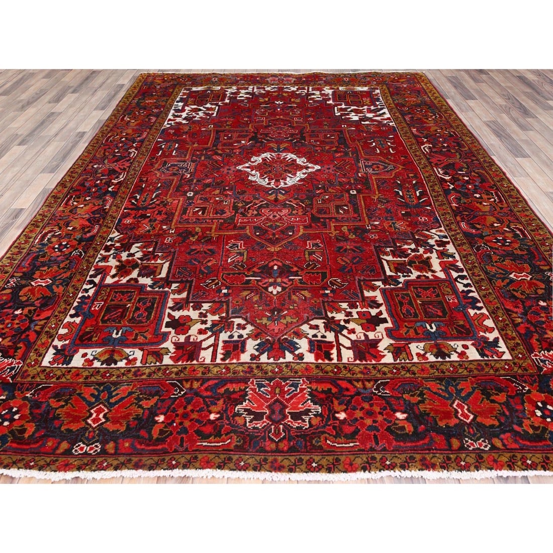 Barn Red, Pure Wool, Hand Knotted, Vintage Persian Heriz Oriental Rug - 2