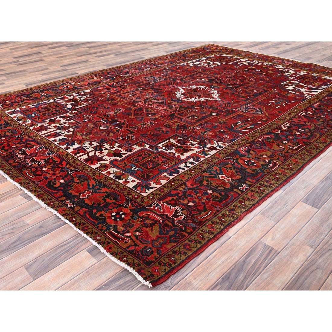 Barn Red, Pure Wool, Hand Knotted, Vintage Persian Heriz Oriental Rug - 3