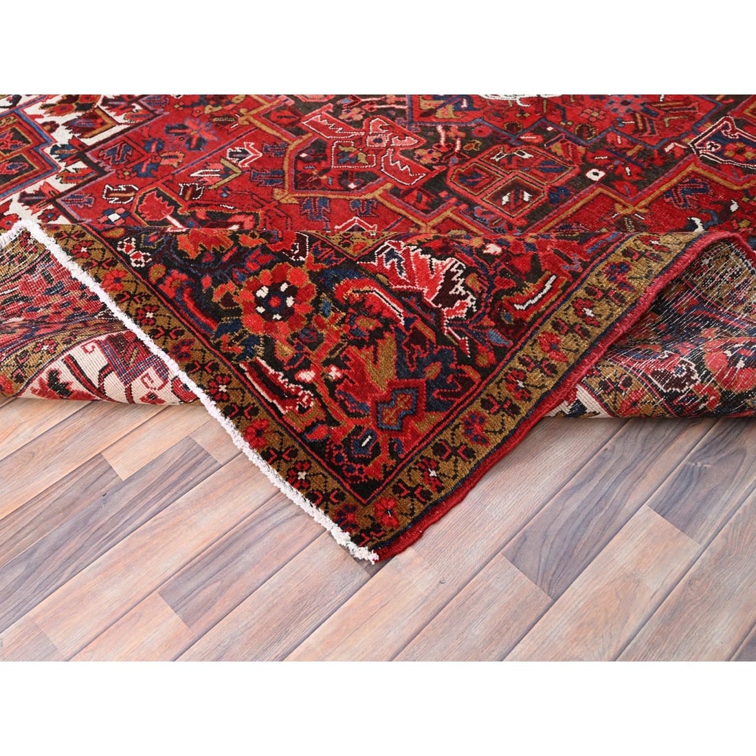 Barn Red, Pure Wool, Hand Knotted, Vintage Persian Heriz Oriental Rug - 6