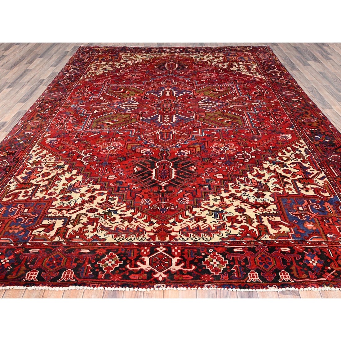 Cardinals Red, Pure Wool, Hand Knotted, Semi Antique Persian Heriz Rug - 2