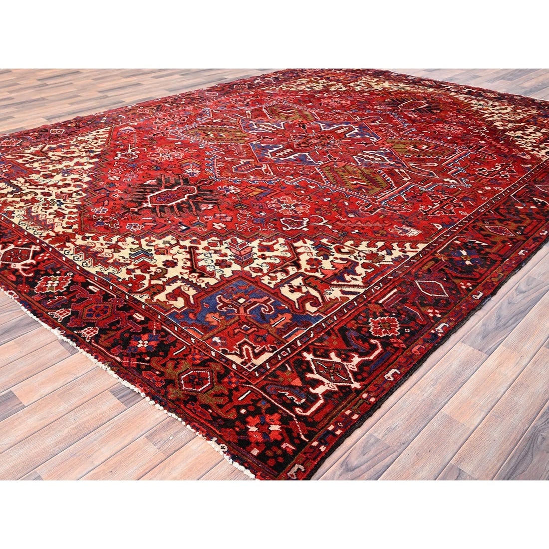 Cardinals Red, Pure Wool, Hand Knotted, Semi Antique Persian Heriz Rug - 3