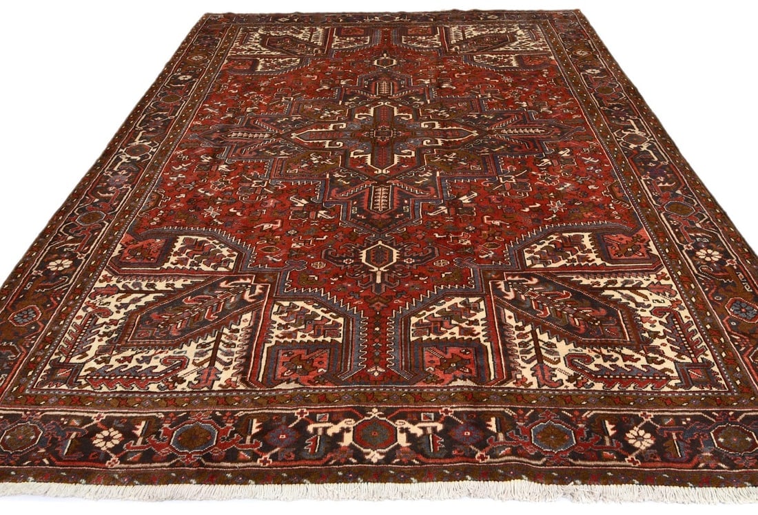 Vintage Red Geometric 8'6X11 Heriz Persian Rug - 3