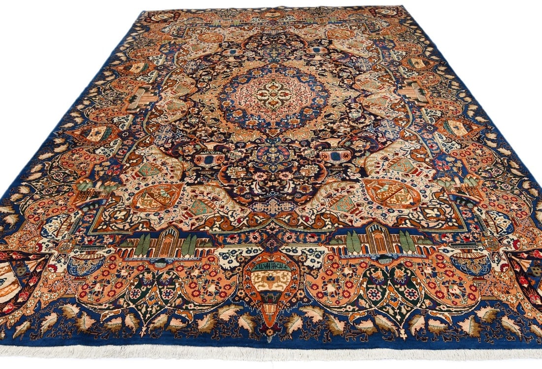 Vintage Navy Blue Pictorial 9'7X12'4 Kashmar Persian Rug - 3