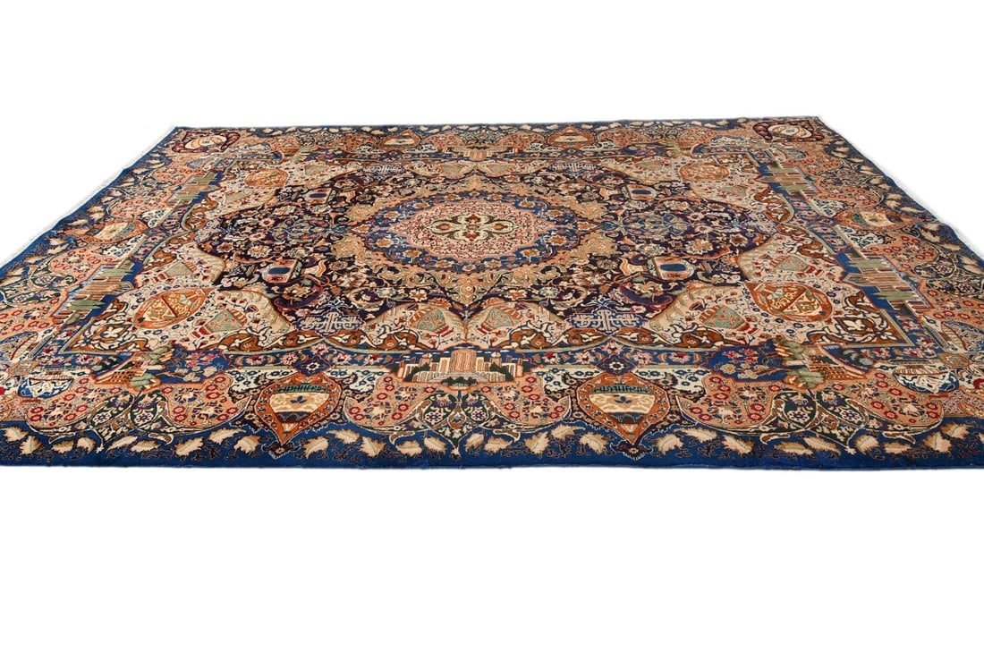 Vintage Navy Blue Pictorial 9'7X12'4 Kashmar Persian Rug - 7