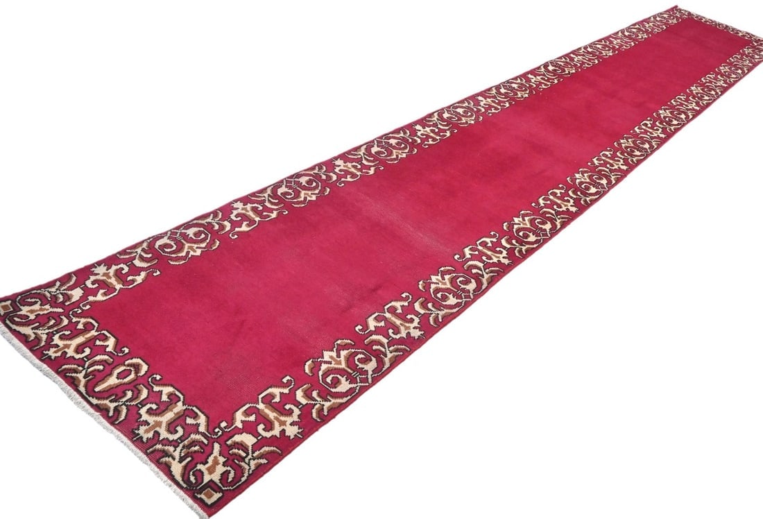 Semi Antique Fuchsia Rose Classic 2'5X15'5 Tabriz Persian Runner Rug - 4