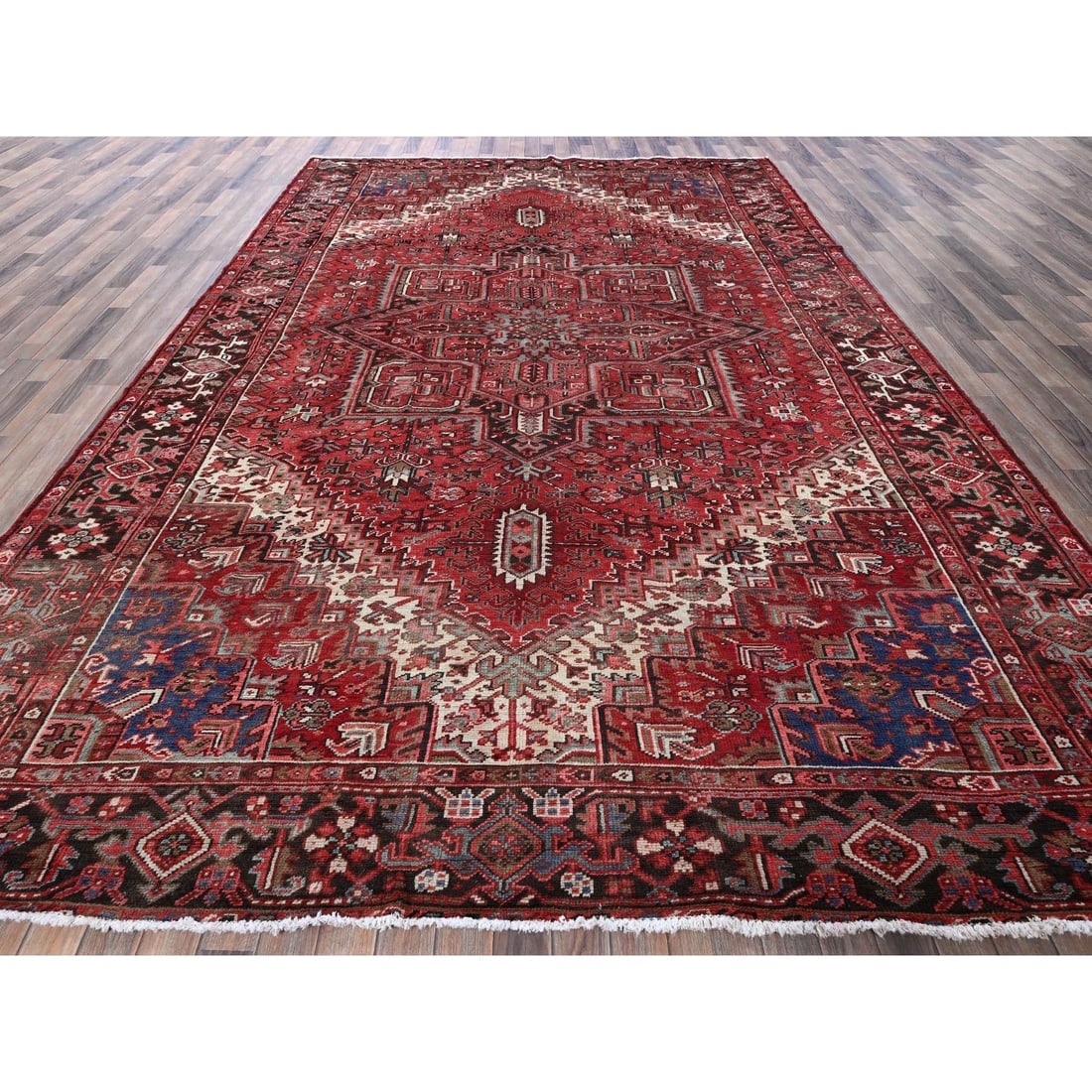 Crimson Red Vintage Persian Heriz Hand Knotted Pure Wool Oriental Rug - 2