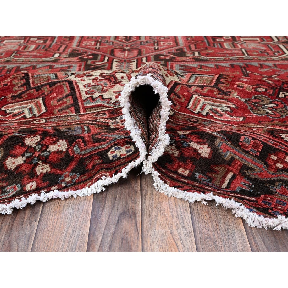 Crimson Red Vintage Persian Heriz Hand Knotted Pure Wool Oriental Rug - 5