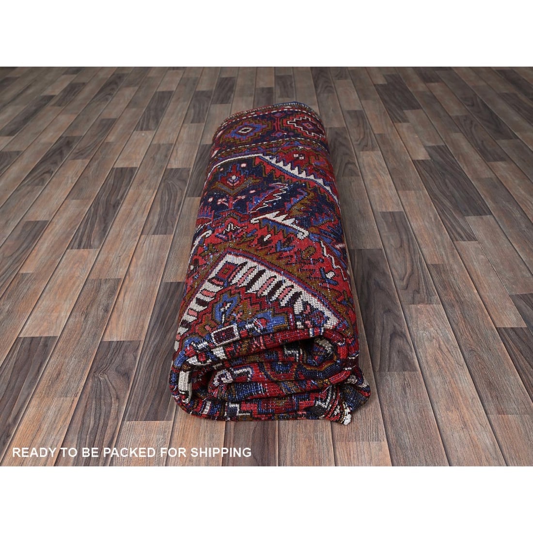 Red Vintage Persian Heriz with Medallion Design Hand Knotted Wool Rug - 9